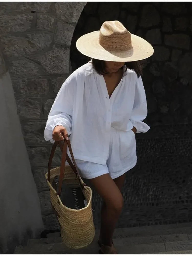 Cotton Linen Women's Two-Piece Summer Shorts Set, Plus Sizes