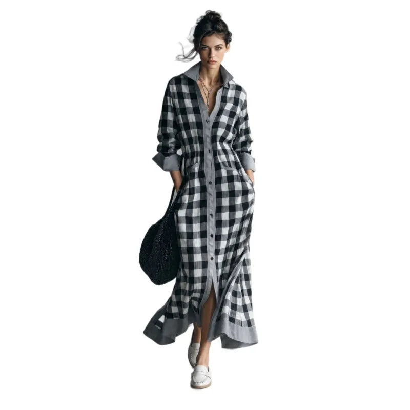Vireous Bold Gingham Long Dress, Vacation Dress with Pockets