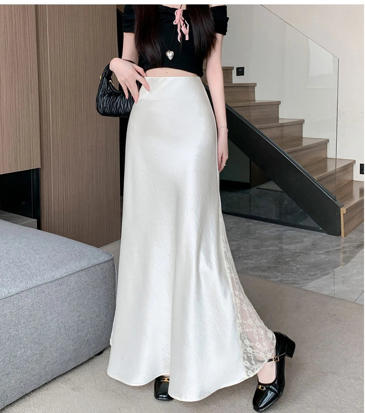 Vireous Satin Women's Long Skirt, Side Lace Patchwork