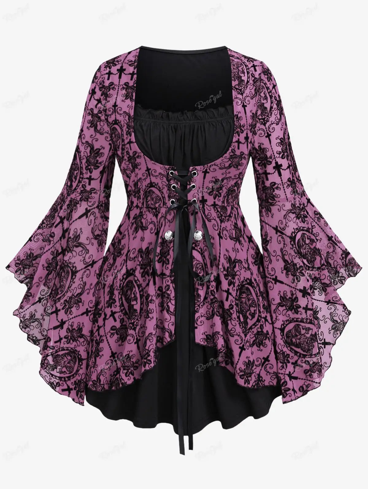 Gothic Bell Sleeves Organza Mesh Lace-Up Blouse, Plus Sizes