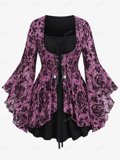 Gothic Bell Sleeves Organza Mesh Lace-Up Blouse, Plus Sizes