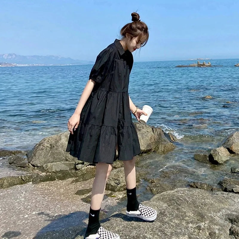 Hepburn-Style Pleated Midi Dress in Black, Plus Sizes