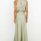 Vireous Summer Silk Satin Sleeveless Long Dress, Draped Bodice