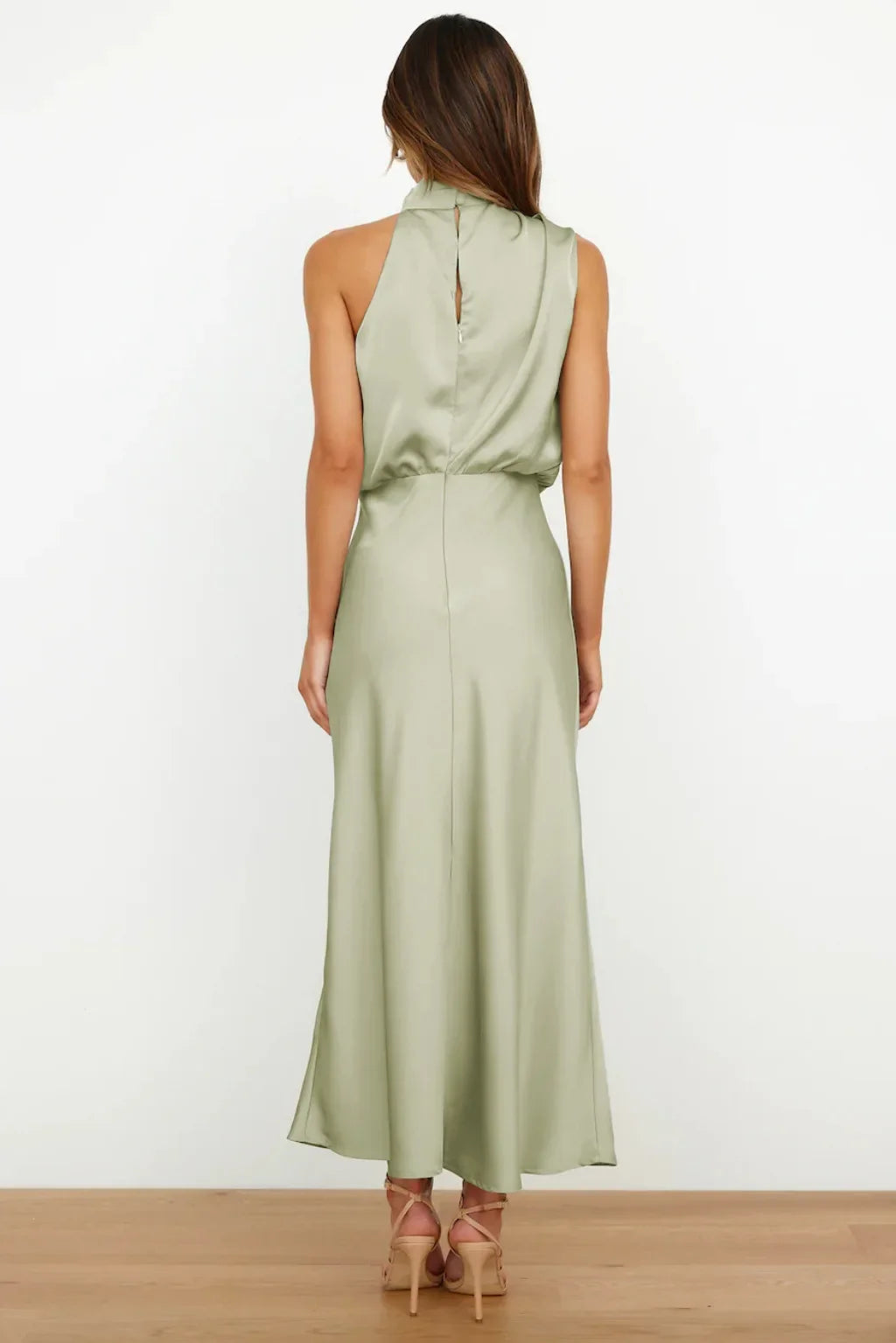 Vireous Summer Silk Satin Sleeveless Long Dress, Draped Bodice