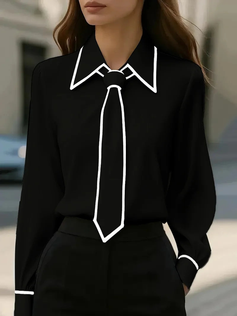 Vireous Women's Fashion Tie and Lapel Contrast-Colour Business Shirt