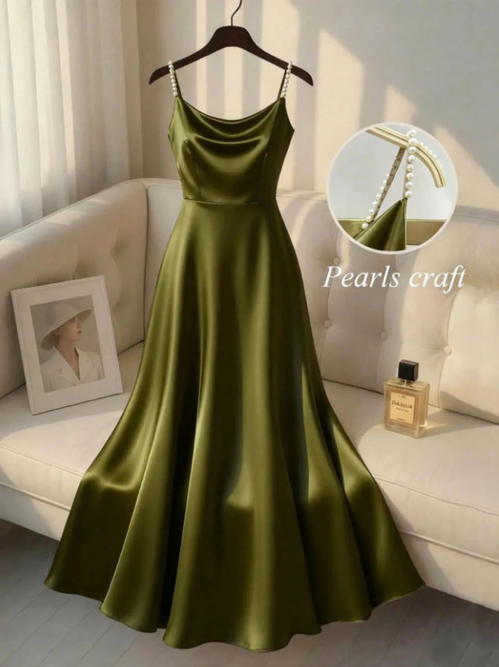 Vireous Pearl-Beaded Strap Satin Slip Retro Dress, Elegant Summer Evening Dress