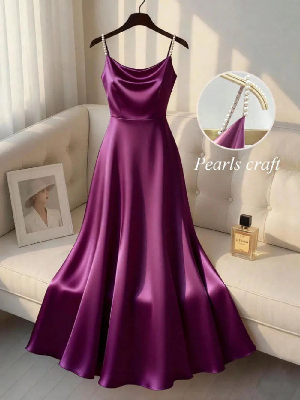 Vireous Pearl-Beaded Strap Satin Slip Retro Dress, Elegant Summer Evening Dress