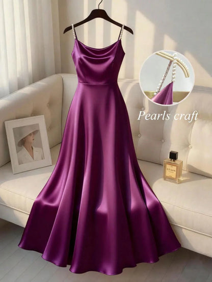 Vireous Pearl-Beaded Strap Satin Slip Retro Dress, Elegant Summer Evening Dress