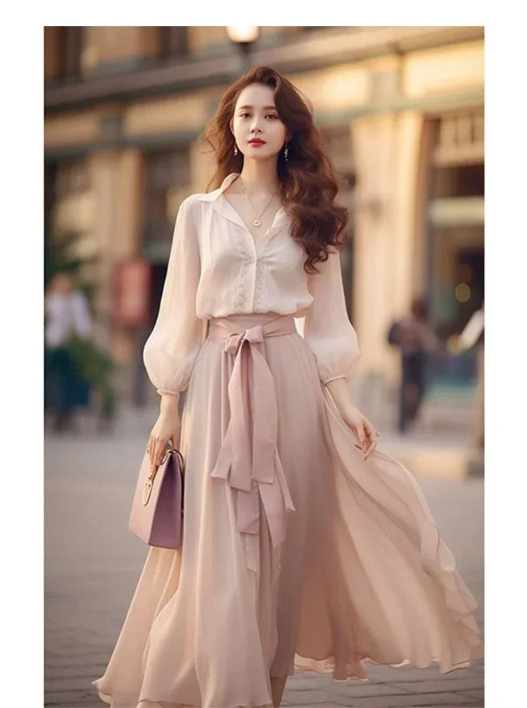 Elegant Retro French Women's Lace-Up Chiffon Two-Piece Outfit