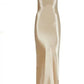 Metallic Gold Maxi Dress, Elegant Satin Backless Women's Gown