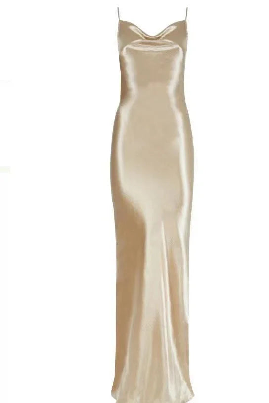 Metallic Gold Maxi Dress, Elegant Satin Backless Women's Gown