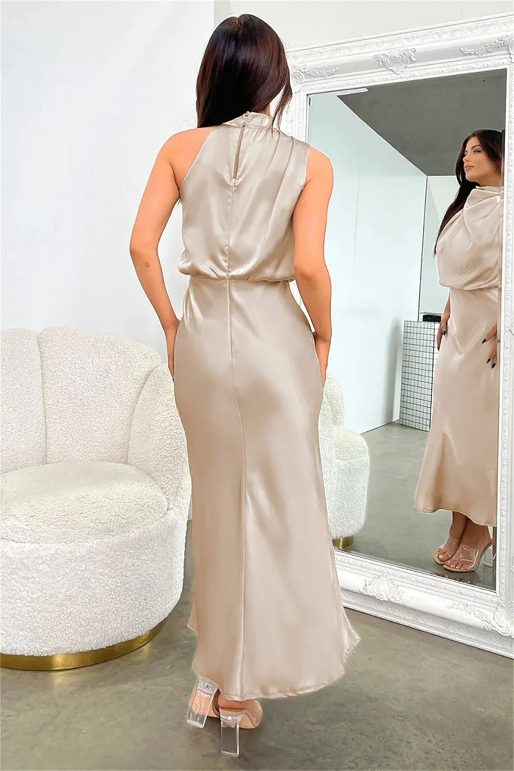 Vireous Summer Silk Satin Sleeveless Long Dress, Draped Bodice