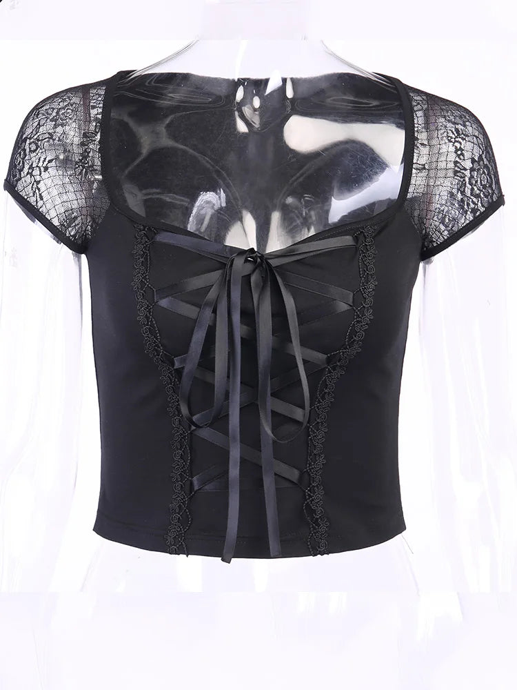 Women's Vintage Goth Bodycon Bandage Lace Mesh Top in Black