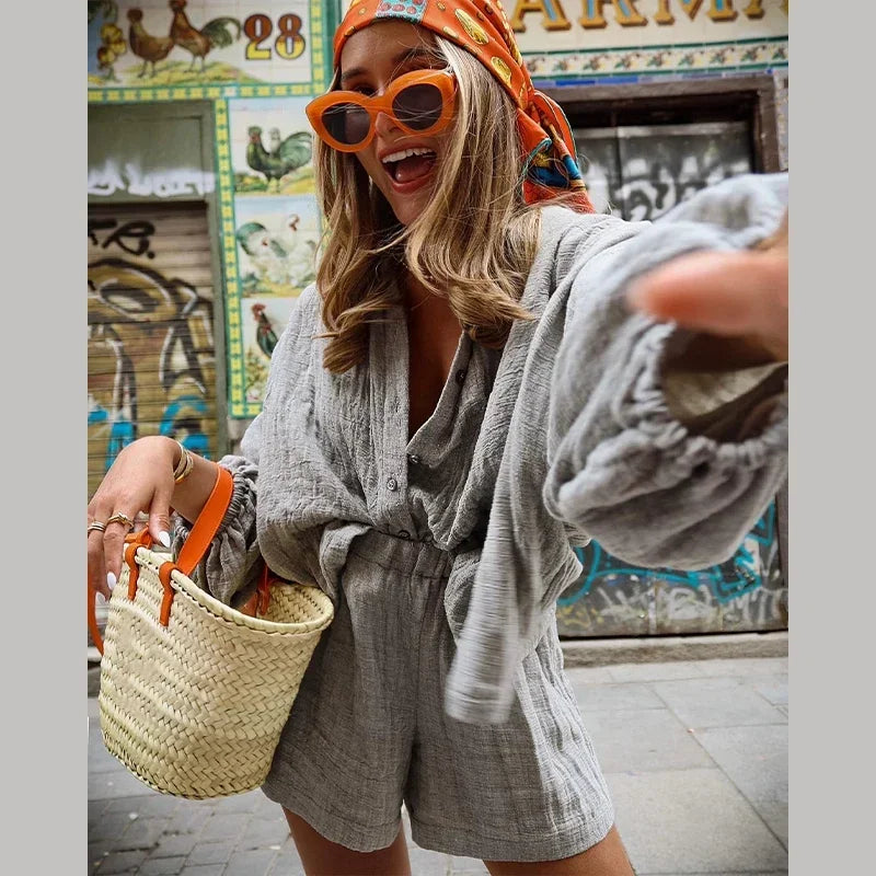 Cotton Linen Women's Two-Piece Summer Shorts Set, Plus Sizes