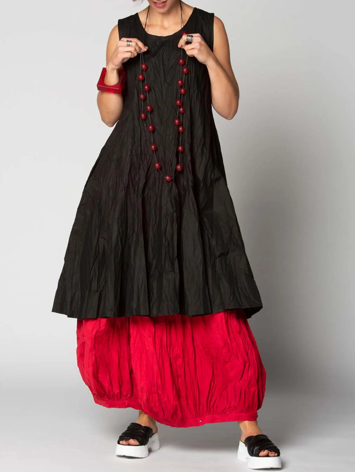 Vireous Women's Casual Sleeveless Fake-Two-Piece Wild Gathered Dress