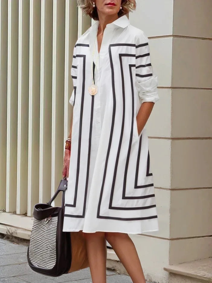 Vireous Black and White Contrast Colour Elegant Casual Dress