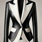 Women's Faux Leather Blazer White and Black Colourblock Notched Lapel Jacket, Plus Sizes