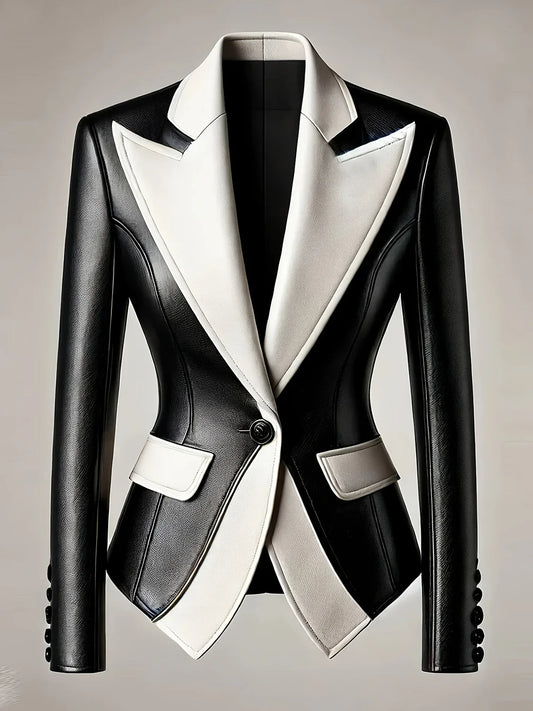Women's Faux Leather Blazer White and Black Colourblock Notched Lapel Jacket, Plus Sizes