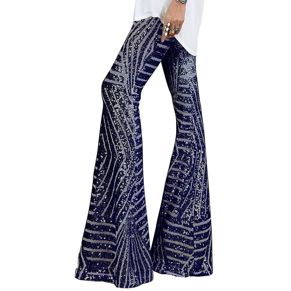Vireous Women's Sparkling Sequin Slacks, Loose Mid-Waist Trousers