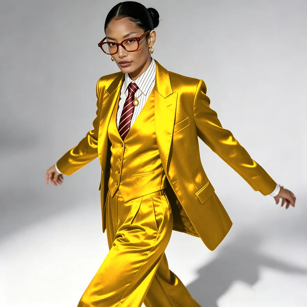 Professional Performance Wear Women's Tuxedo, Gold Satin Three-Piece Suit, Night Wear