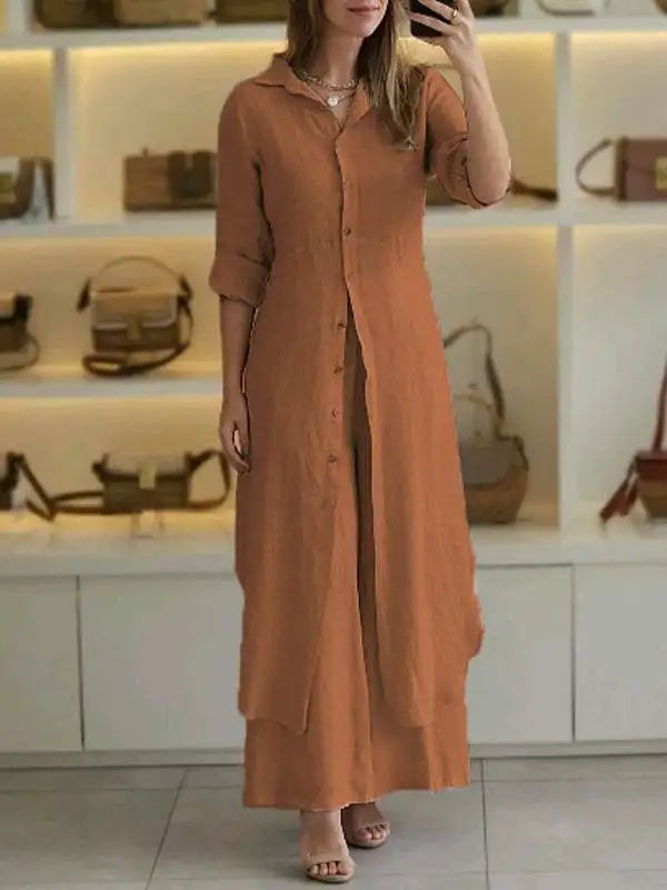 Elegant Lapel Single-Breasted Long Shirt and Wide-Leg Pants Suit