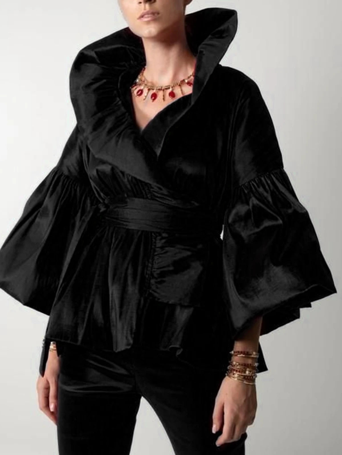 Vireous Formal Puff-Sleeve Ruffles Women's Tuxedo Blouse