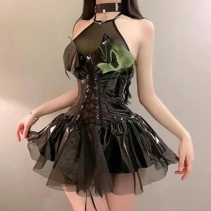 French-Style 'Goddess' Party Dress, Faux Leather in Red and Black
