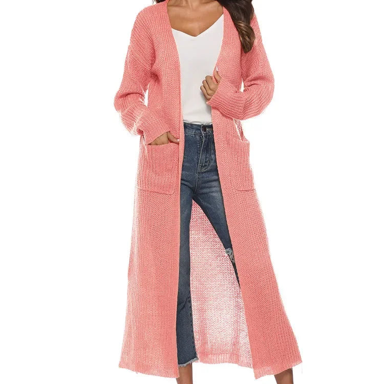 Thickened Long Pure Colour Pocket Irregular-Slit Sweater Coat