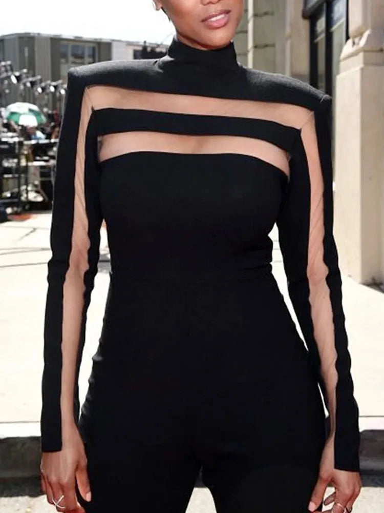Sexy and Club, Mesh Cut-Out High-Neck Black Women's Top