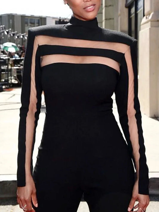 Sexy and Club, Mesh Cut-Out High-Neck Black Women's Top