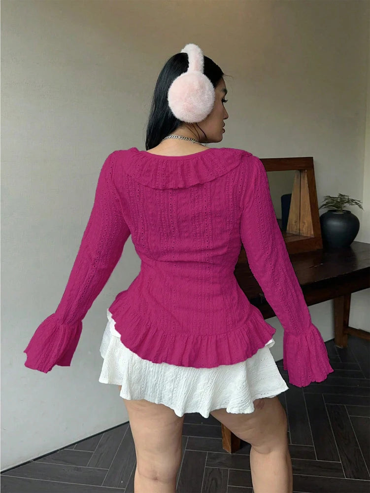 Vireous Elegant French Ruffle Flared-Sleeve Blouse, Plus Sizes