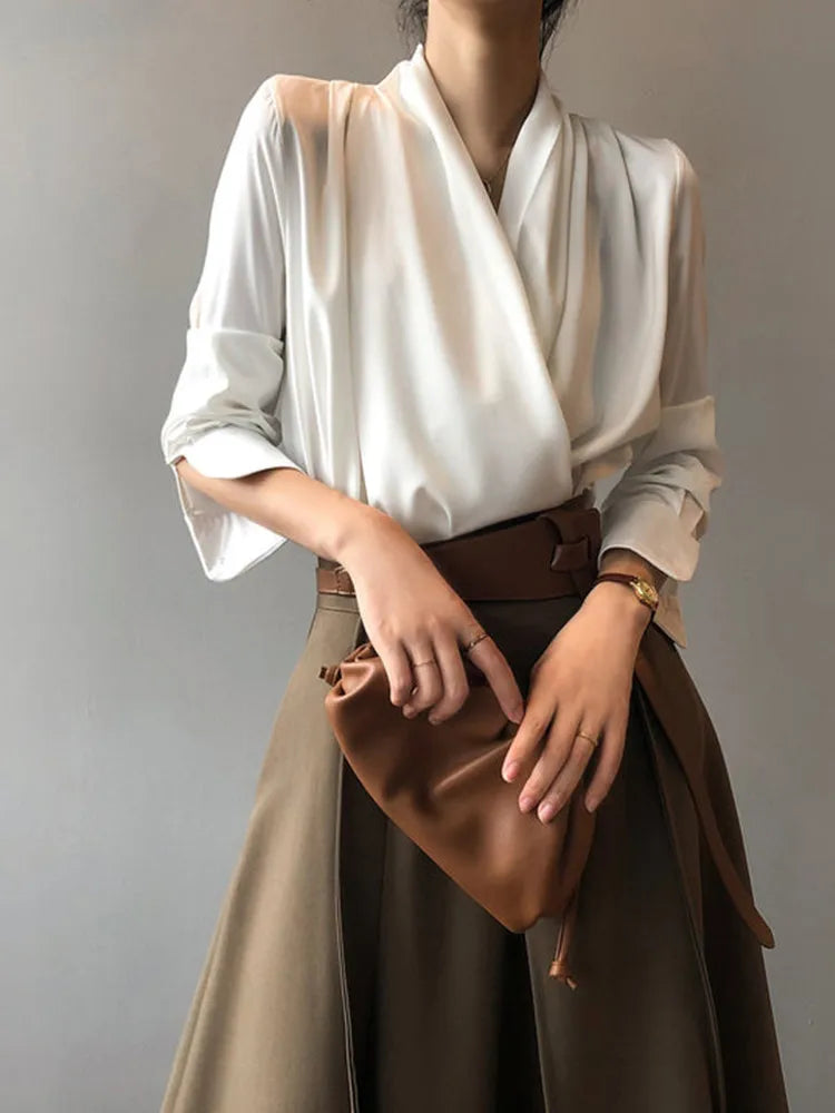 Vireous Everyday Casual Satin Cross-Collar Women's Shirt