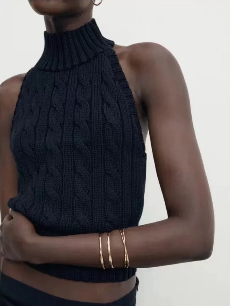 Women's High Neck Ribbed Knitted Woollen Vest Top, Catwalk Collection