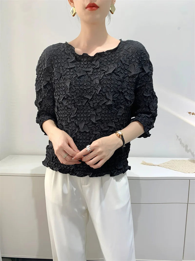 Miyake Embroidered Hand-Pleated Women's Round-Neck Top