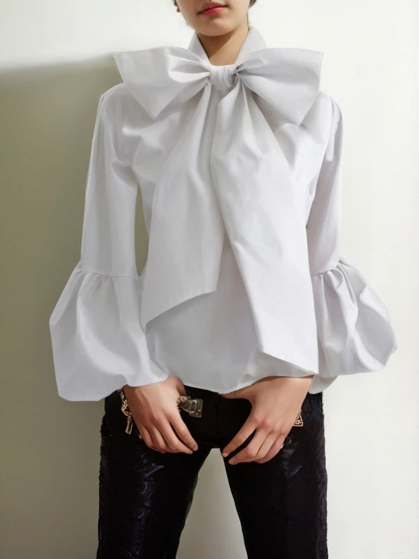 Vireous Bowknot High Collar Women's Tuxedo Shirt