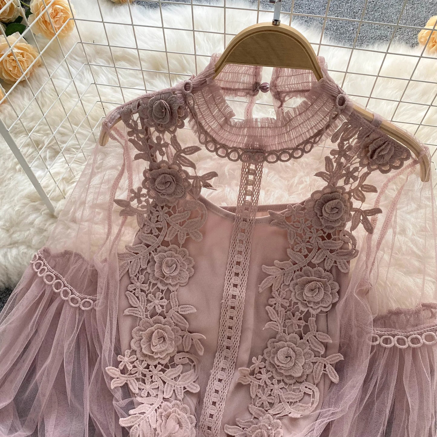 Lace See-Through Puff-Sleeve Vintage Fashion Blouse