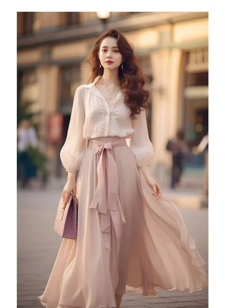 Elegant Retro French Women's Lace-Up Chiffon Two-Piece Outfit
