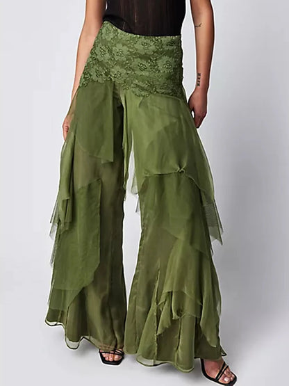 Women's Nature-Aesthetic Green Ruffle Irregular Layered Wide-Leg Trousers
