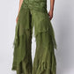 Women's Nature-Aesthetic Green Ruffle Irregular Layered Wide-Leg Trousers