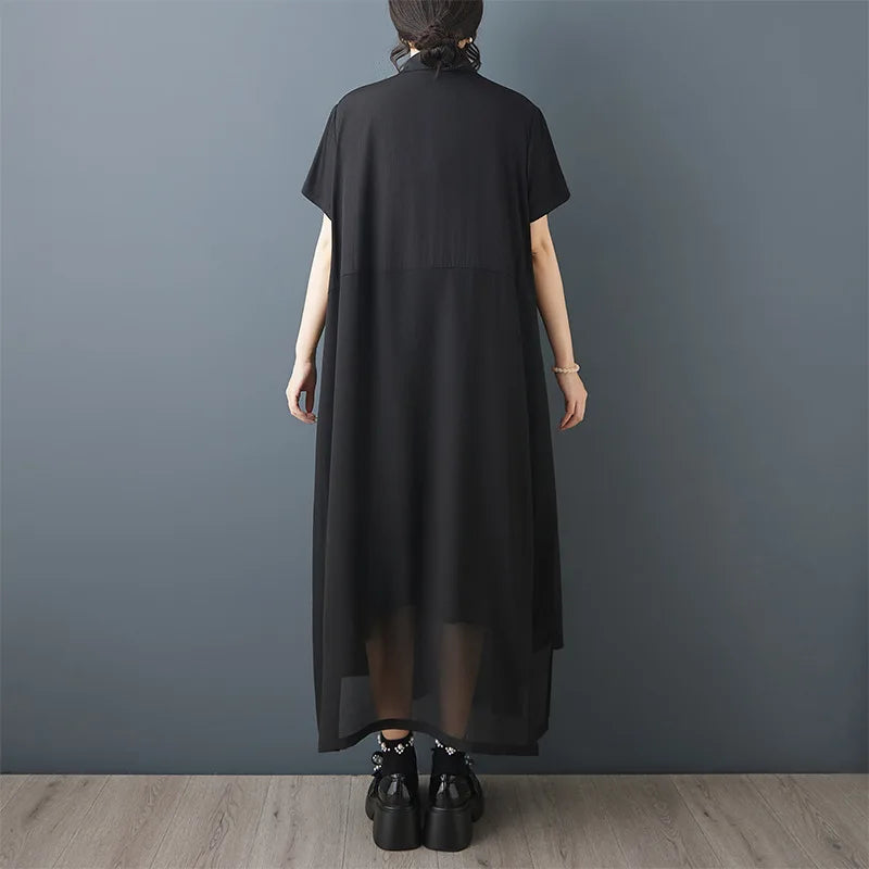Vireous Black Chiffon Retro and Artistic Midi Dress