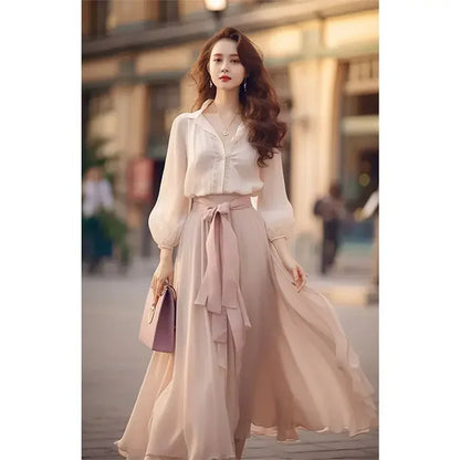 Elegant Retro French Women's Lace-Up Chiffon Two-Piece Outfit