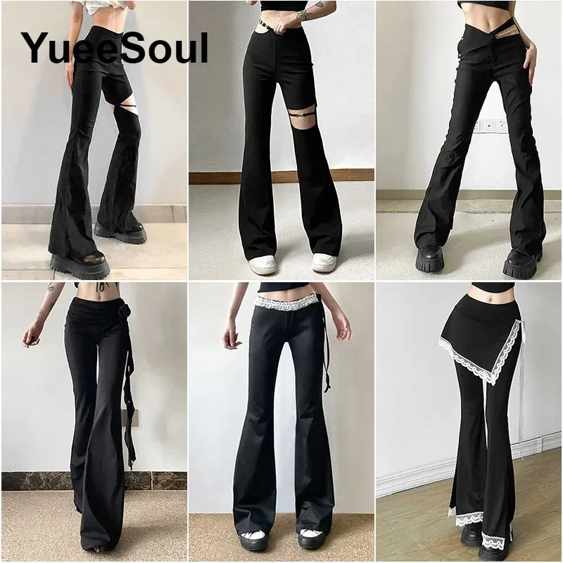 Goth Women's Flared Pants with Black Lace, Embroidery, Multi Designs
