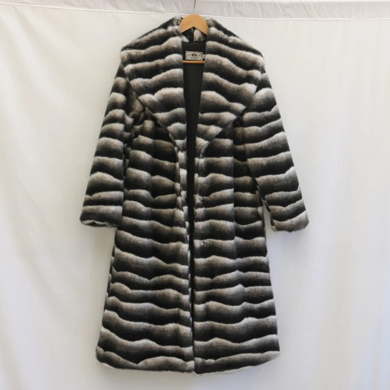 Vireous Women's Faux Fur Coat, Large Lapel Zebra-Print Mink Long Coat