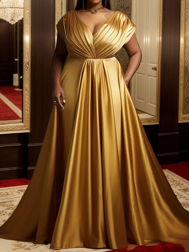 Plus-Size Formal Evening Gold Satin Dress, Elegant Tiered Bodice