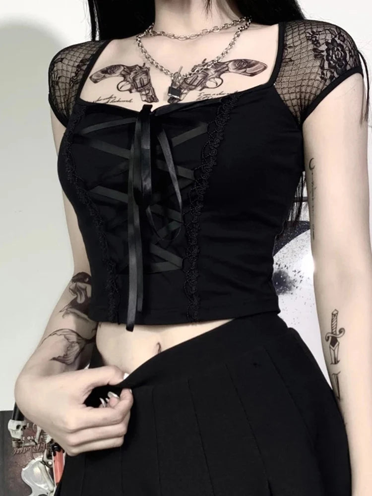 Women's Vintage Goth Bodycon Bandage Lace Mesh Top in Black