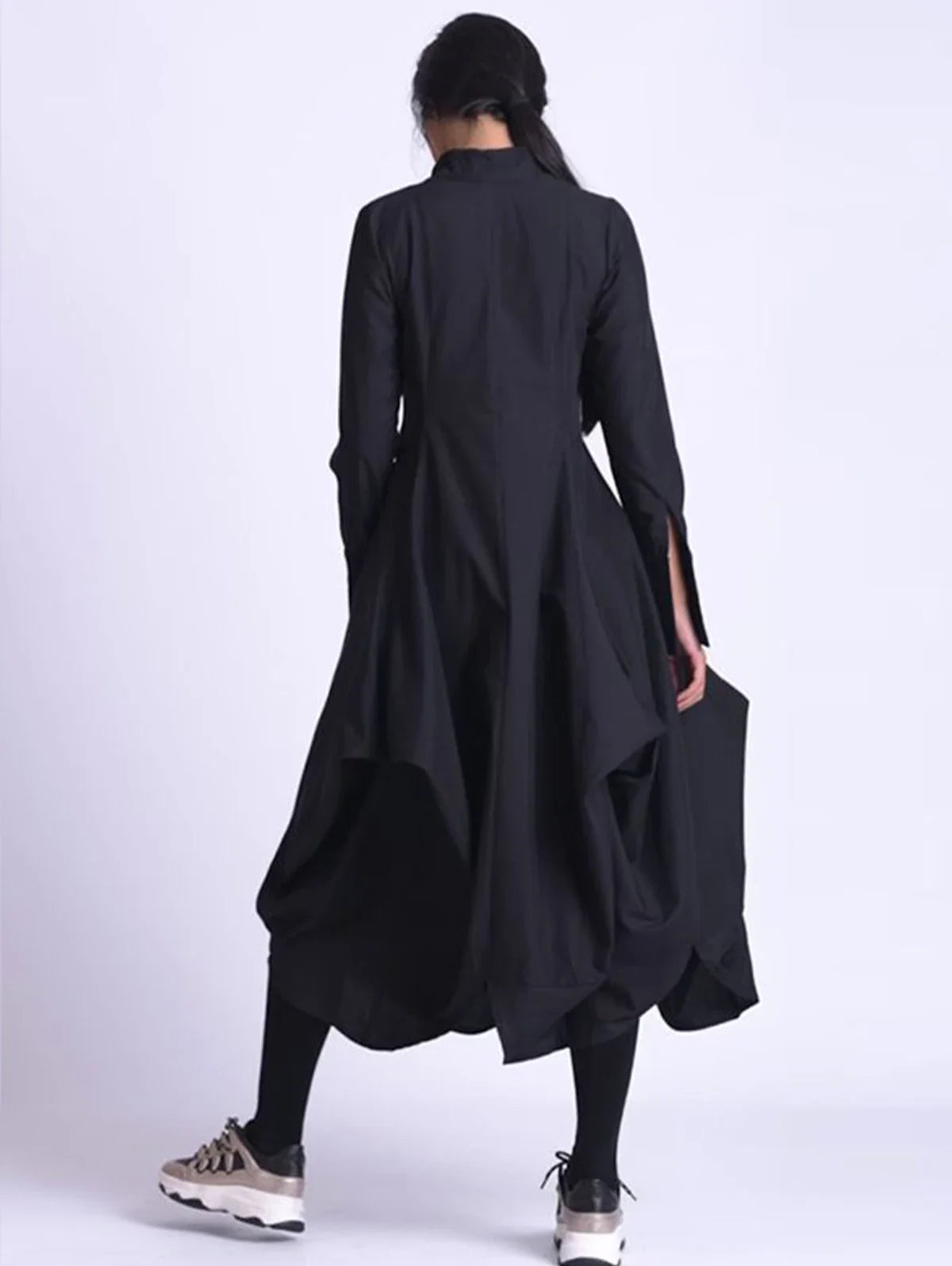 Minimalist Black Stand Collar A-Line Midi Dress