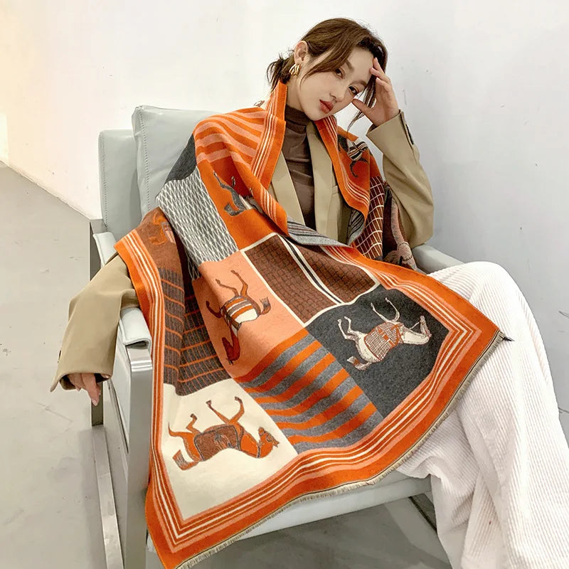 Extra-Large Cashmere Scarf, Equestrian-Print Blanket Wrap, Pashmina
