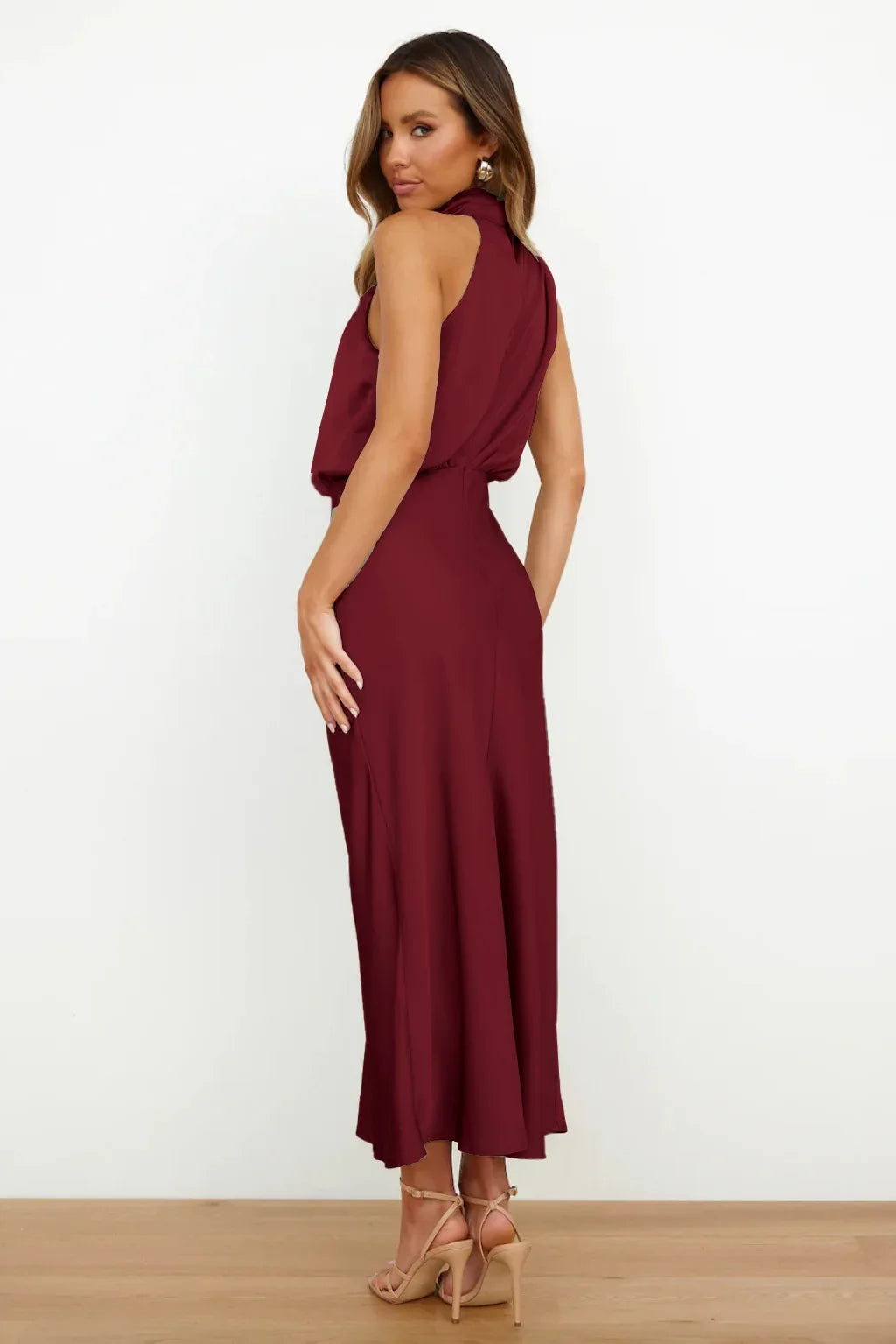 Vireous Summer Silk Satin Sleeveless Long Dress, Draped Bodice
