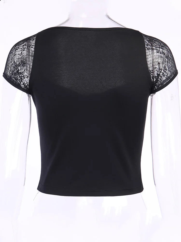 Women's Vintage Goth Bodycon Bandage Lace Mesh Top in Black