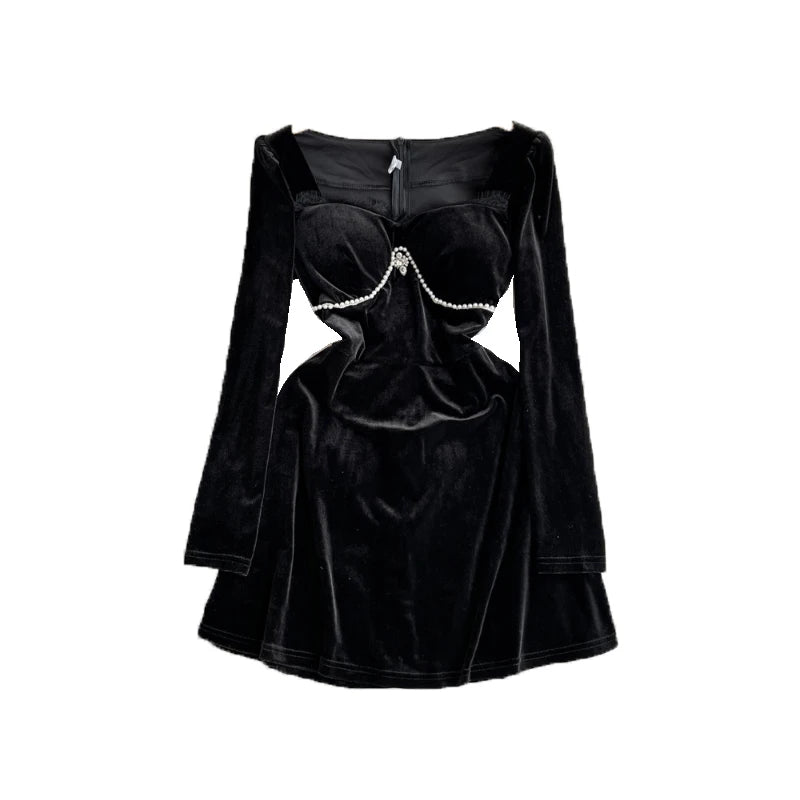 Vireous French-Style Vintage Black Velvet Dress